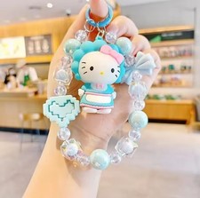 Hello Kitty Type Blue Heart Bow Glossy Beaded Phone Bag Charm Strap Wristlet Key
