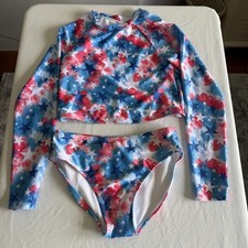 Cat Jack Girls XL 14 Patriotic Star Long Sleeve Swim Set Red White Blue