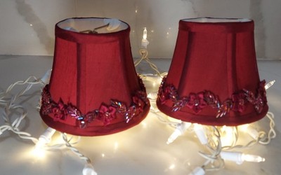 2 Burgundy Red Clip-On small Lamp shades w/ Beaded Roses & Trim 4''H (lampshade)