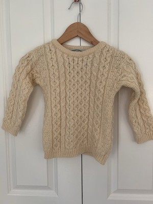 Aran Crafts pure new wool Ireland cable knit sweater ivory kids 5-6 Irish knit