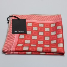 Kiton NWT 100 Silk Pocket Square In Red / White / Green Geometric Print