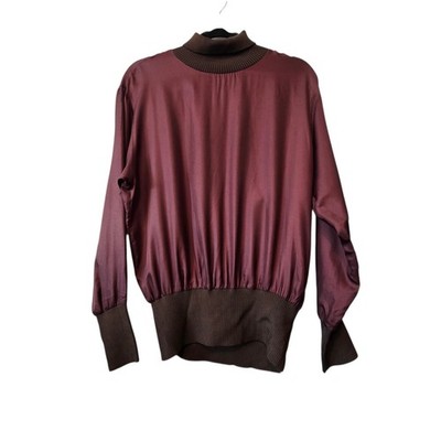 Vintage 80s Mila Schon Italy Turtleneck Silk Blouse Womens LG XL Wine Brown  