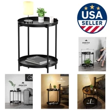Space-Saving Black Metal Side Table with Removable Tray - Ideal for All Spaces