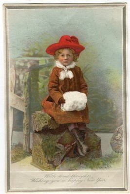 Glanzbild Oblaten scraps Karte Litho Mädchen Muff Winter 16,4 cm