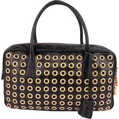 Prada Black Calf Leather Metal Grommet Bauletto Handbag Tasche