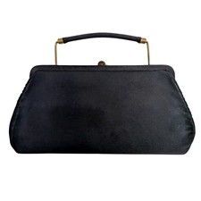 Vintage Black Satin Clasp Top Handle Evening Bag READ
