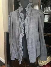 Isabel Marant Etoile Dules Ruffled Shirt Twill Mockneck Cotton Plaid Gray 40 8