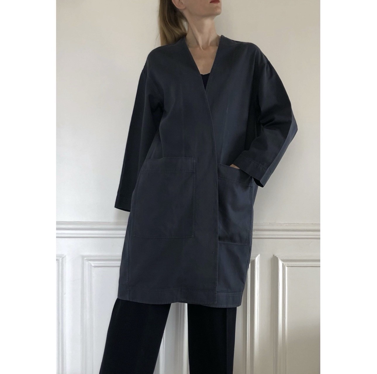 COS Navy Minimalist Cotton/Linen Open-Front Trench Coat Medium GUC (See all pic)