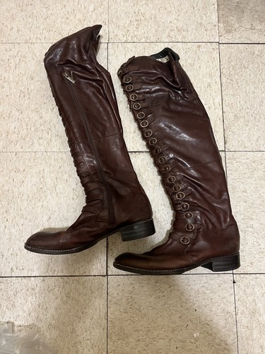 Area Forte Brown Leather Knee High Boots Strappy Ring Detail Italy EU 42 US 11