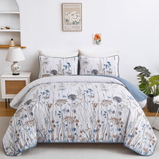 Blue Quilt Queen Size Floral Botanical Queen Quilt Bedding Set 3 Pieces Soft Lig