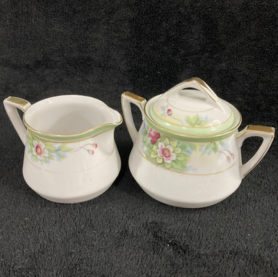 Antique Hand Painted Nippon Rising Sun Double Handled Sugar Bowl & Creamer
