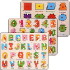 3-Pack Wooden Puzzles for Toddlers 3-5  ABC, Numbers 1-20  Shapes Learning Toy