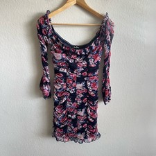 LULUS Navy Blue Pink Floral Ruched Off Shoulder Bodycon Mini Dress Womens Small