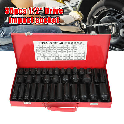 35pcs 1/2'' Inch Deep Impact Socket Set Drive 8-32mm Metric Garage Sae With Case