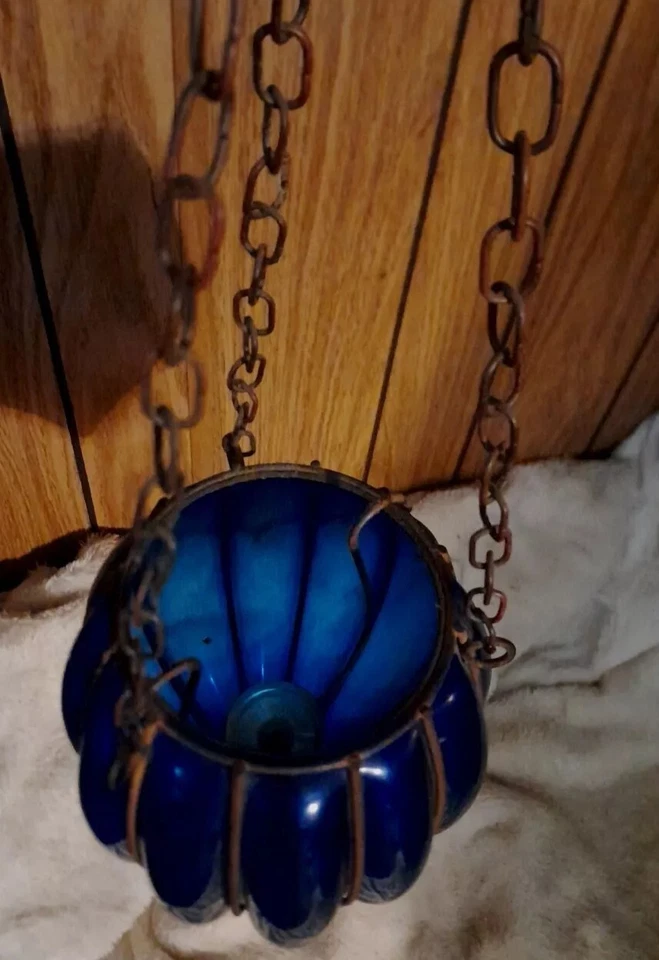 (MATCHING PAIR!!) Murano Hand Blown Caged Glass Globes Acorn Shape Cobalt Blue  - Image 3 of 4