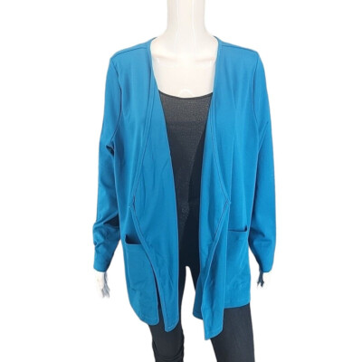 Isaac Mizrahi Live Essentials Pima Cotton Open Cardigan 1X Plus Sz Blue Pockets