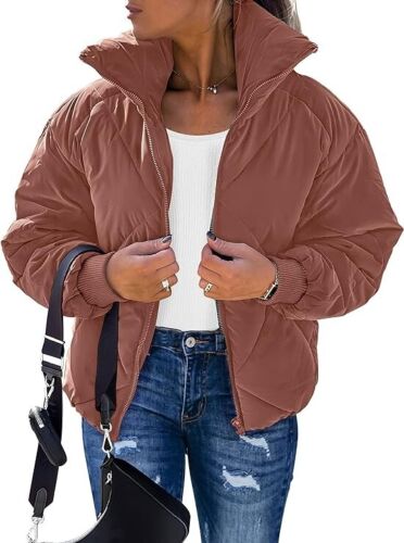 MEROKEETY Women's Long Sleeve Zipper Puffer Jacket Winter Quilted Short Down XL