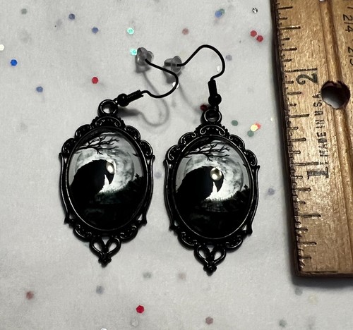 NEW Black Crow Moon Earrings Alternative Gothic Mystic Gift Halloween 1.8x.8 - Picture 2 of 7
