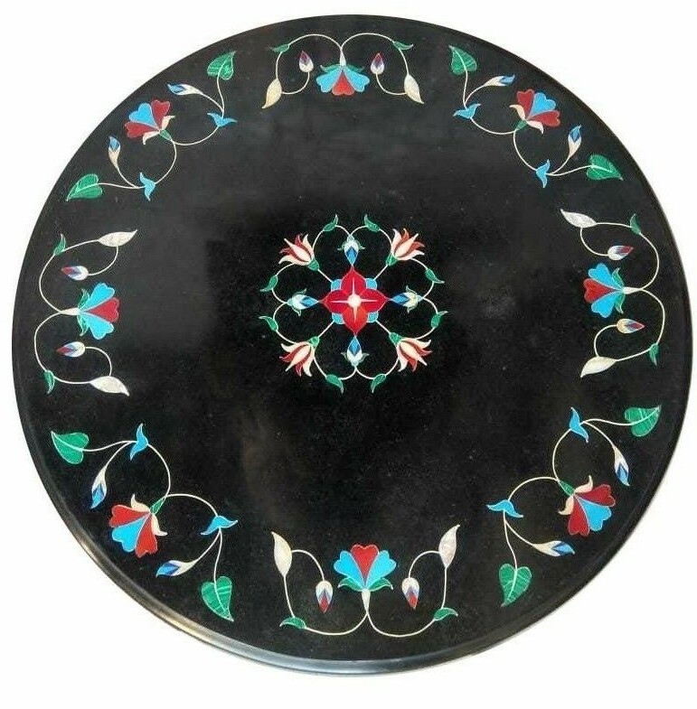 18-inch black marble inlay semi-precious stones decorative corner table top for home