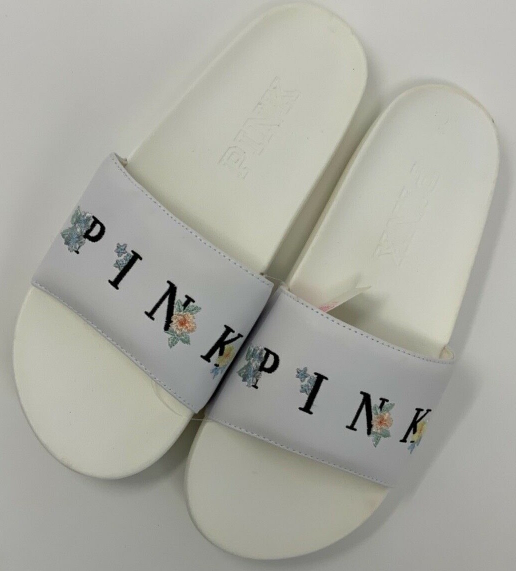 Victorias Secret PINK Single Strap Slides Sandals Shoes White Floral  Embroidery
