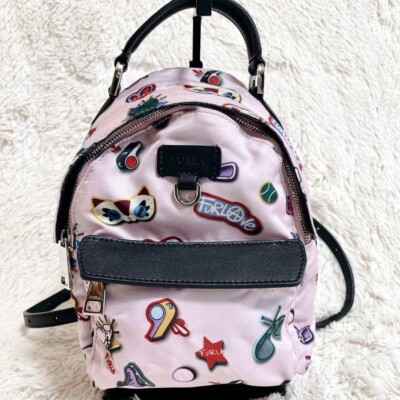 furla favola mini backpack FURLA Logo FAVOLA Mini Hand Backpack Bag Women All-over pattern Pink Nylon