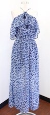 Michael Kors Blue Metallic Floral Cold Shoulder Halter Maxi Dress Size 2 *Flaw