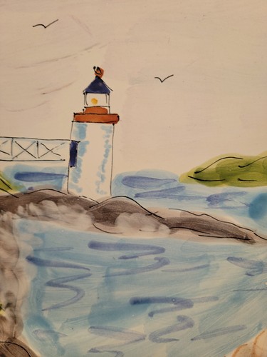 Ceramic 12in Plate Handpainted Hungary Lighthouse Coastal Scene Heavy - Picture 2 of 7