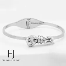 Women's 6.5" Silver Stainless Steel CZ Eternity Bangle.Bracelet*Box 