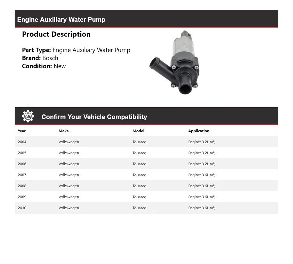 For 2004-2010 Volkswagen Touareg Bosch Engine Auxiliary Water Pump 2005 2006 - Image 2 of 4