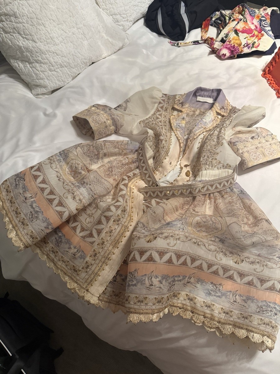 Zimmermann Beige Map Floral A-Line V-Neck Puff Sleeve Button Belted Sz 2 View 3