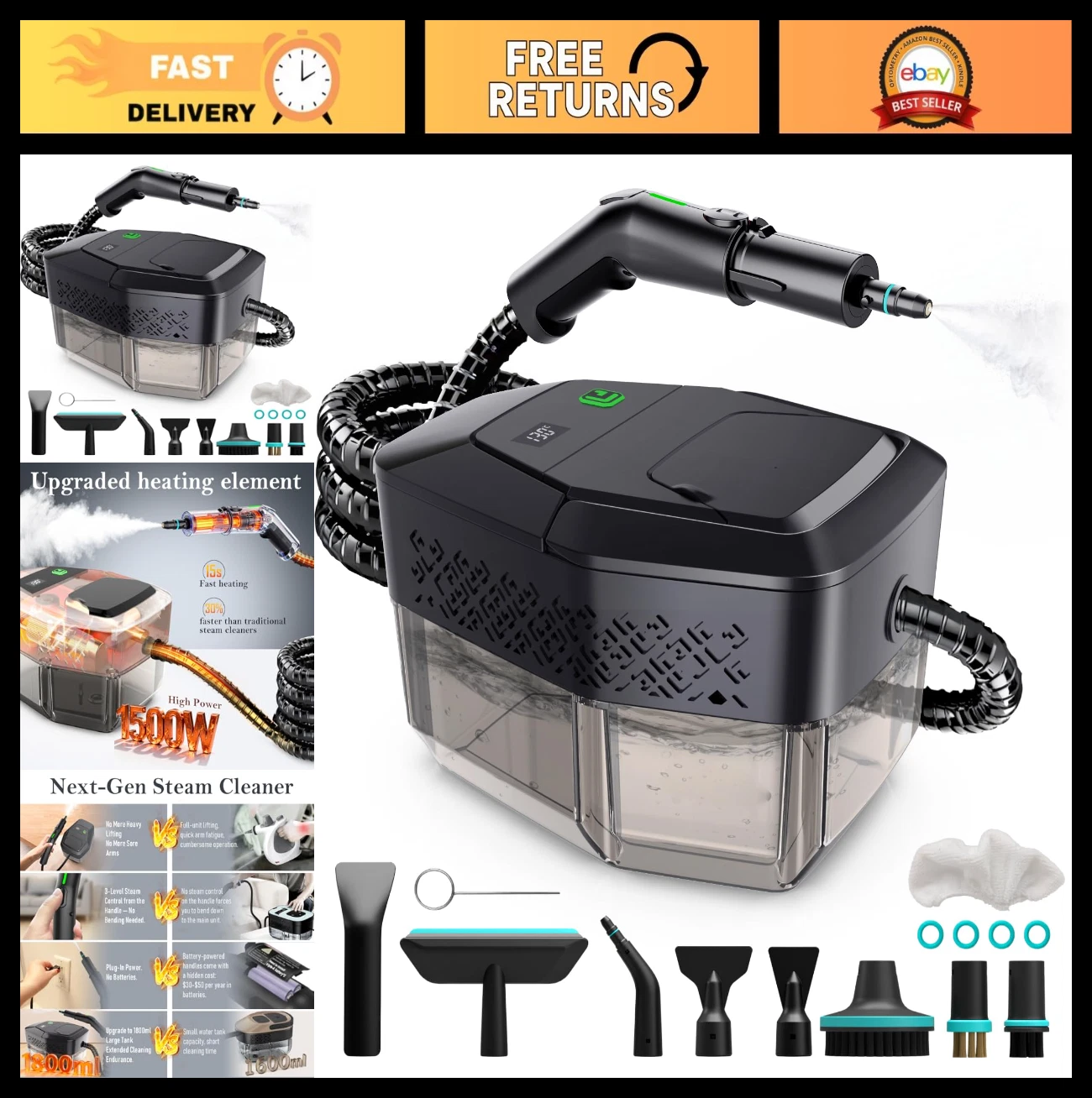 Handheld Steam Cleaner with 1.8L Tank for Home, Bathroom, Tile, Grout, Car
Opens in a new window or 