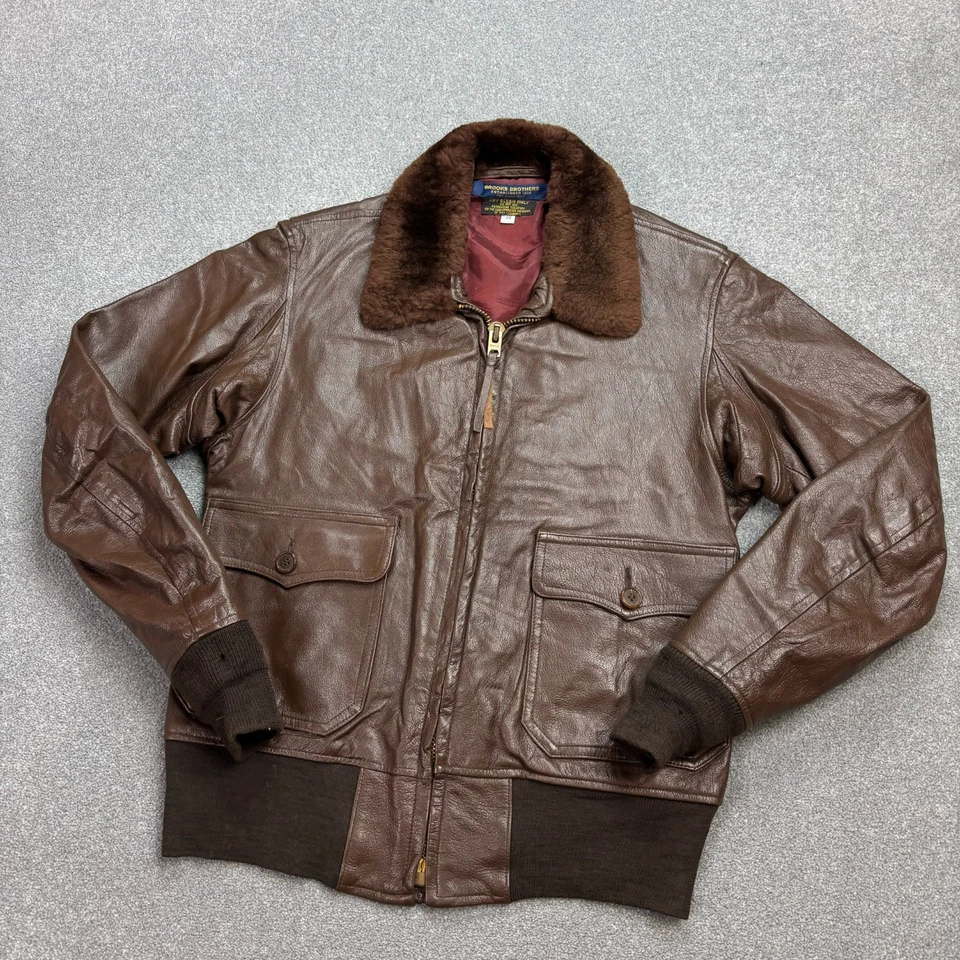 Brooks Brothers Leather Flying Jacket Adult Small Brown Aviator Military Men* - Image 2 of 4