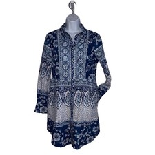 ANTHROPOLOGIE Santorini Blue White Button Front Shirtdress Pockets Size Small