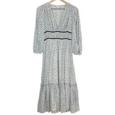 Ulla Johnson Floral Cotton Smocked Midi Dress Sz 0 White Navy Peasant Lined