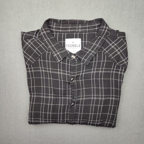 YoungLA Shirt Mens 2XL XXL Black Checkered Plaid Pearl Snap Viscose Western