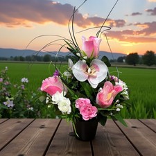 123. Pink  Roses & Pink Orchids & Foliage Artificial Flowers. Memorial Pot