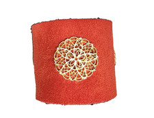 Handmade Orange Suede Leather Gold Tone Mandalas Cuff Bracelet 7.5" Boho Flower