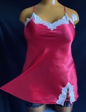 La SENZA Babydoll Nightdress, Red Slippery Glossy Liquid Satin & Lace, UK 14