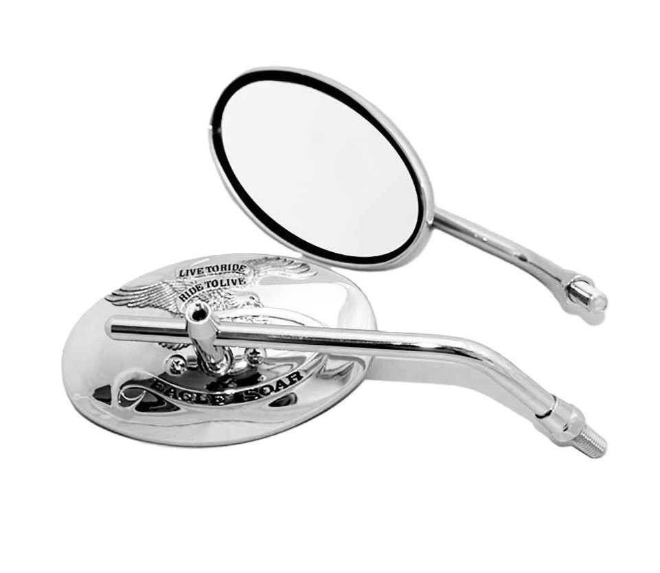 Mirrors (Pair) Chrome Live To Ride Motif, fits Honda Suzuki Kawasaki Cruisers