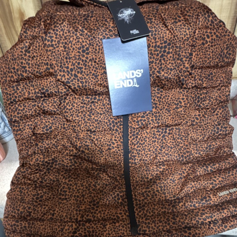 Lands' End Women's Down Puffer Vest S Brown Animal Print Water Resistant Quilted
