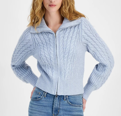 Hippie Rose Juniors Cable Knit Zip Front Funnel Neck Sweater Blue Opal XL