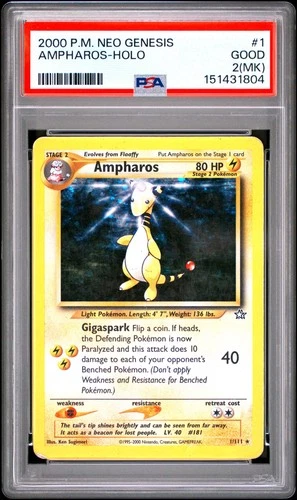 2000 POKEMON NEO GENESIS #1 AMPHAROS-HOLO PSA 2 MK