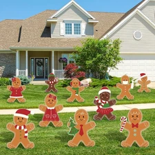 AnyDesign 10Pcs Christmas Yard Signs with Stakes - Gingerbread Man and Brown 