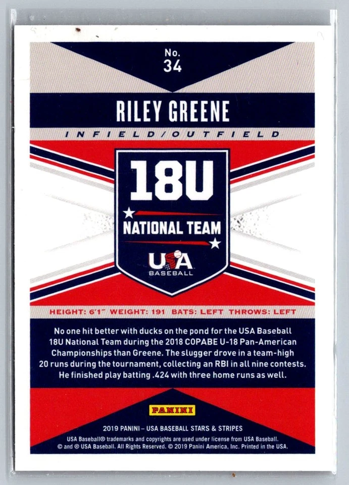 2019 Panini Stars & Stripes Baseball #34 Riley Greene Longevity Sapphire #/49 - Image 2 of 2