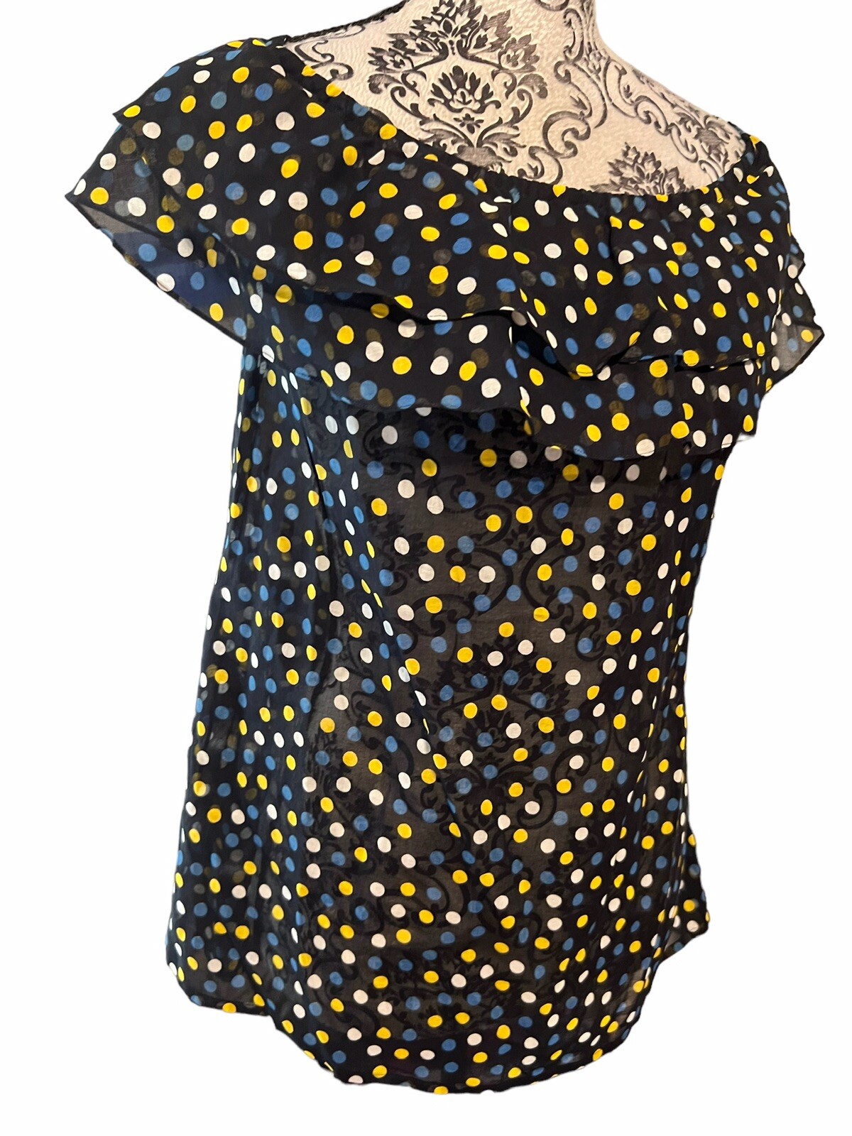 YVES SAINT LAURENT donna gonna grande e blusa media con volant blu navy a pois