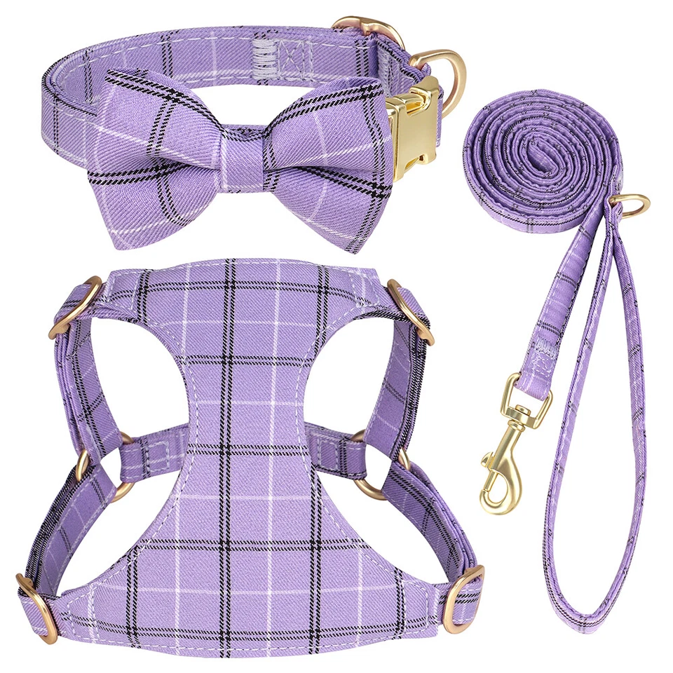 Plaid No Pull Dog Harness with Leash and Bow Tie Collar Set Escape Proof Vest - Image 4 of 4