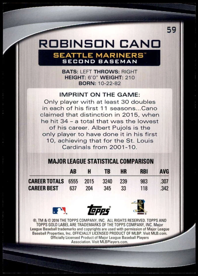 Robinson Cano 2016 Topps Gold Label 5x7 Class 1 Gold #59 /10 Mariners - Image 2 of 2