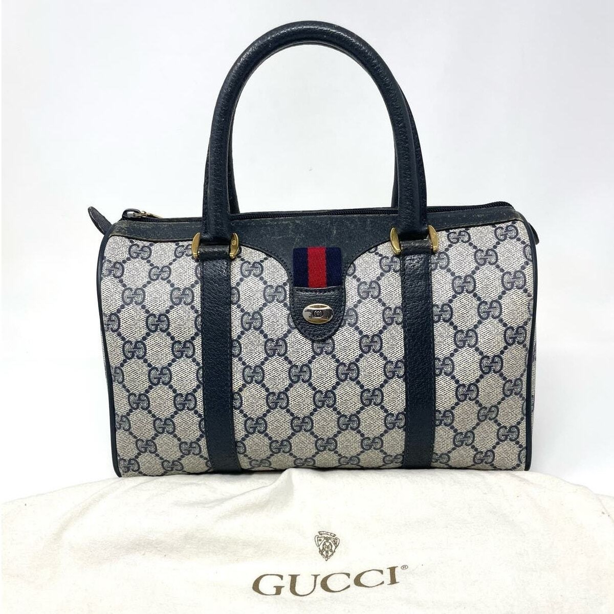 Gucci Vintage GG Monogram Supreme Boston Handbag PVC Leather Navy