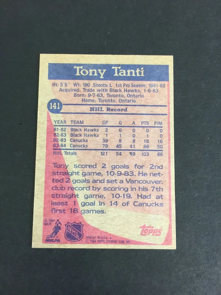 1984-85 TOPPS HOCKEY CARD TONY TANTI #141 HAND SIGNED W/COA FREE S&H - Image 2 of 2