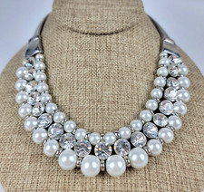 White Faux-Pearl Clear Rhinestone Statement Bib Necklace 15.5 Inch Lobster Clasp